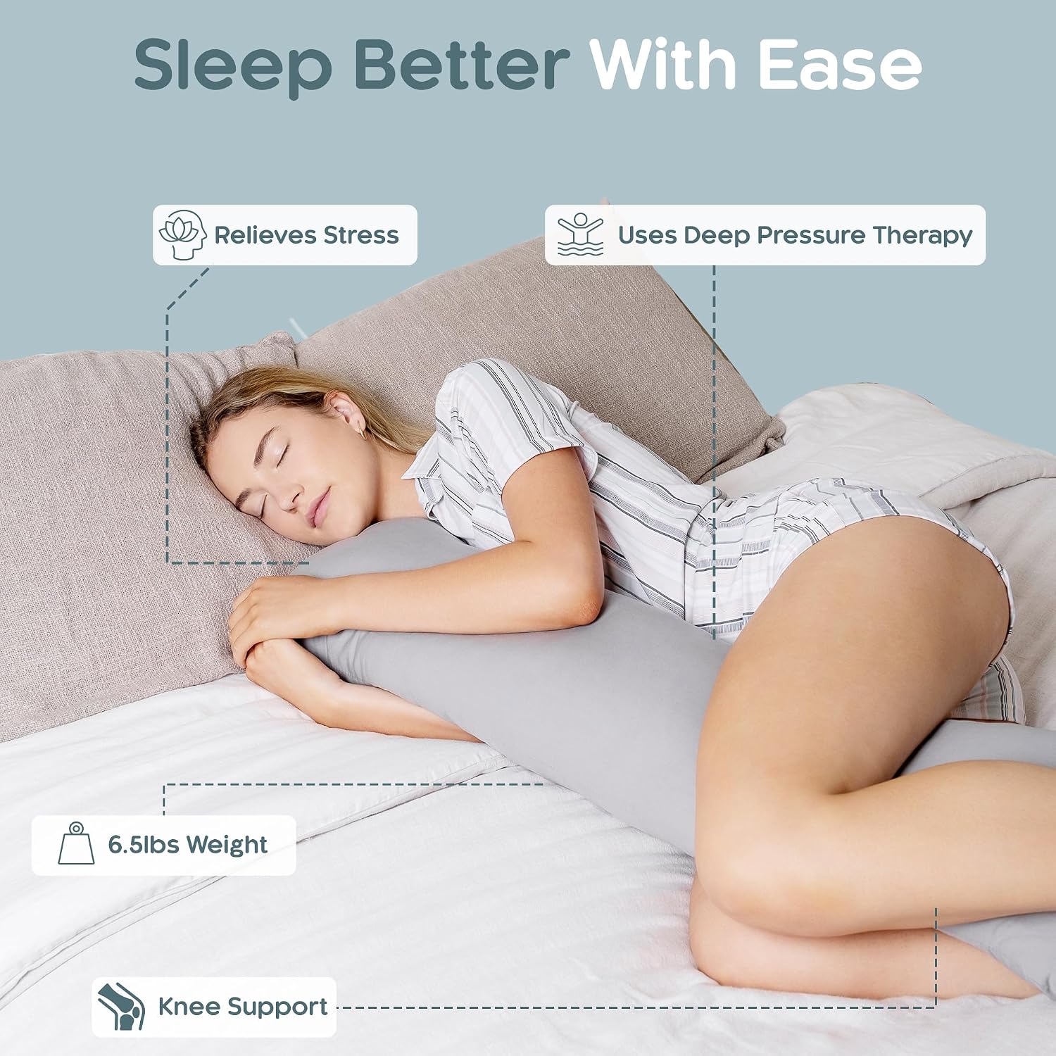 SleepCloud Weighted Body Pillow 6.5lbs - Weighted Pillow for Deeper Sleep (41" x 10") - Cooling Body Pillows for Adults, Full Body Pillow…