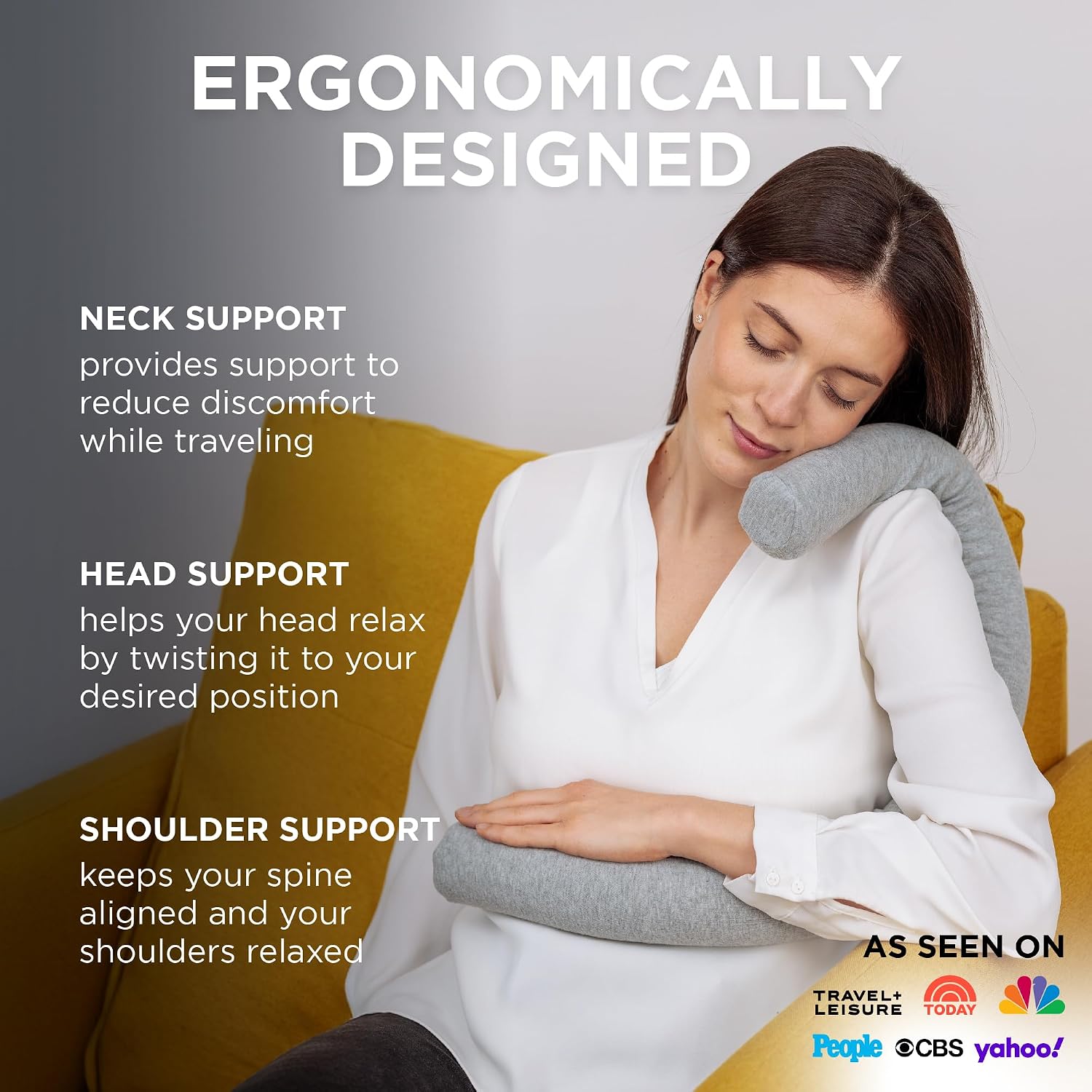 Dot&Dot Twist Memory Foam Travel Pillow for Neck, Chin, Lumbar and Leg Support - Cotton Cover Snap Closure Grey Cotton Grey