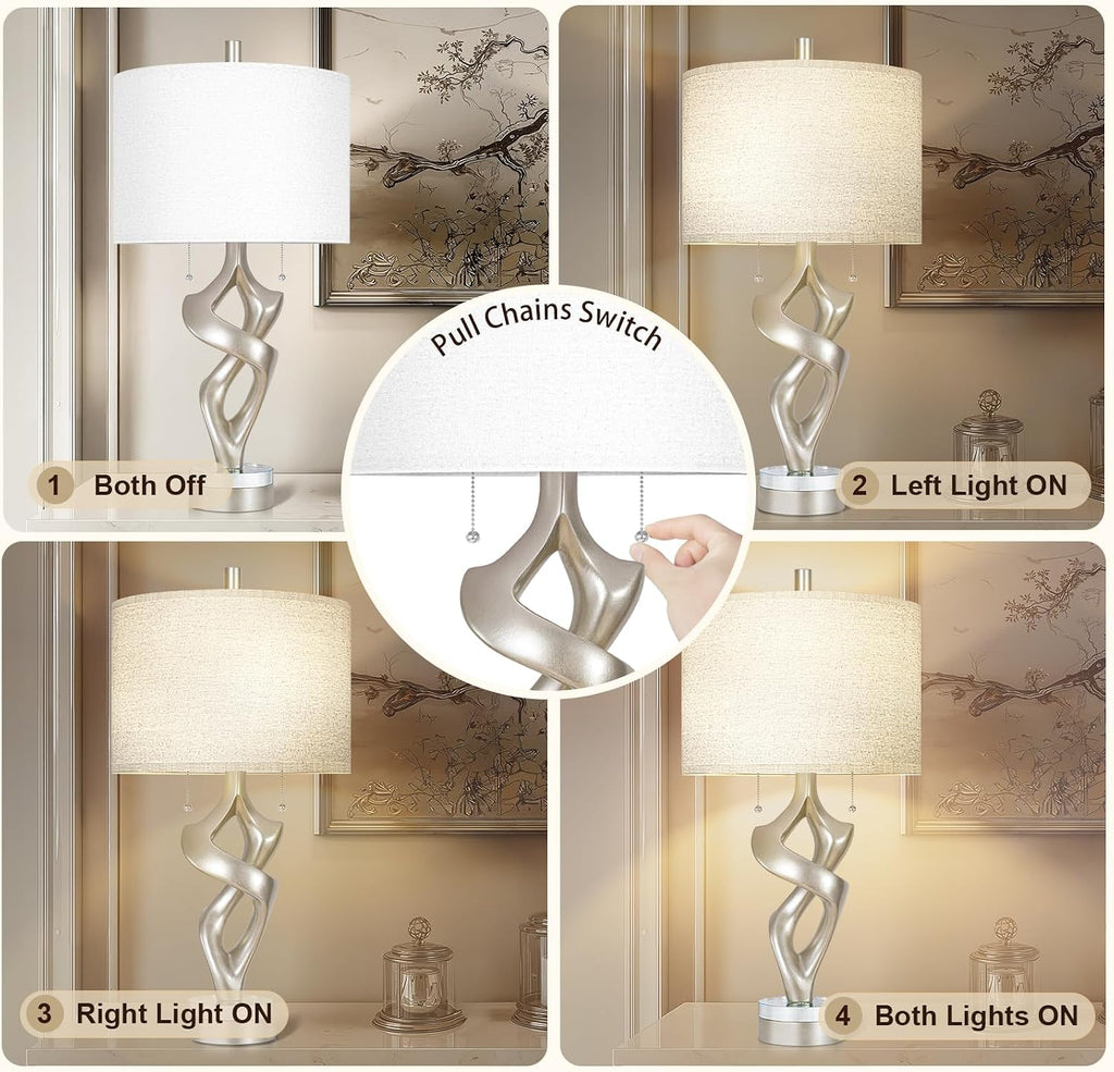 Scenekoy Sculptural Resin Table Lamp Set of 2 with USB Ports for Bedroom Living Room, 26” Antique Silver Leaf Dual Pull Chains Bedside…