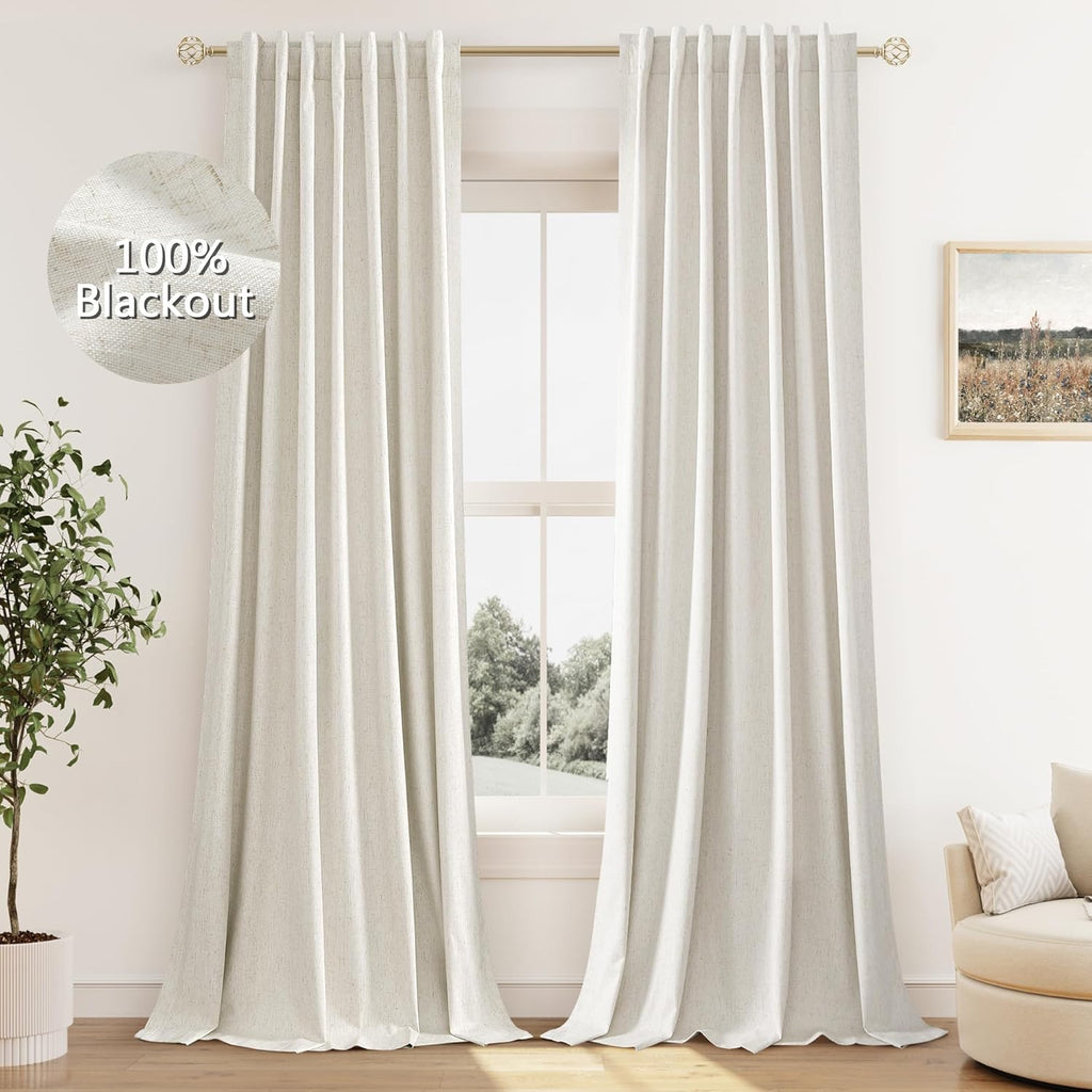 Guken Cream Linen Blackout Curtains 84 Inch Length 2 Panels Set for Living Room Bedroom Back Tab Thermal Insulated 100% Black Out Linen Dra…
