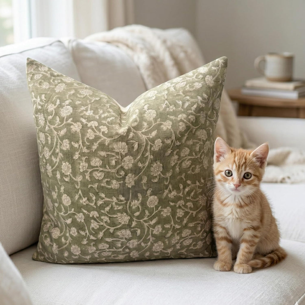 LineandLoop Linen Throw Pillow Covers 20x20 inch Floral Pillows Green Spring Decorative Pillow Covers for Living Room, Bedroom 2 inches cot…