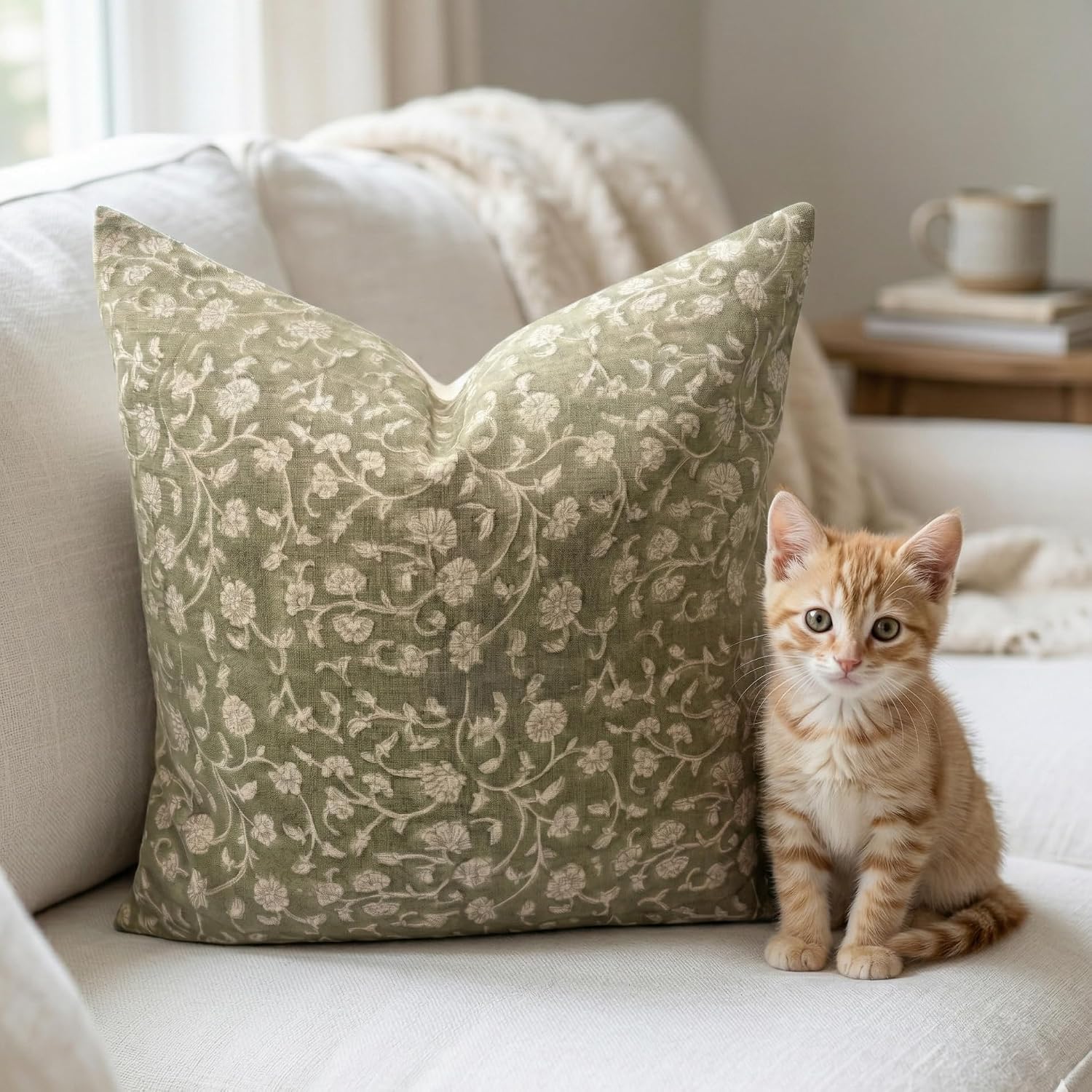 LineandLoop Linen Throw Pillow Covers 20x20 inch Floral Pillows Green Spring Decorative Pillow Covers for Living Room, Bedroom 2 inches cot…