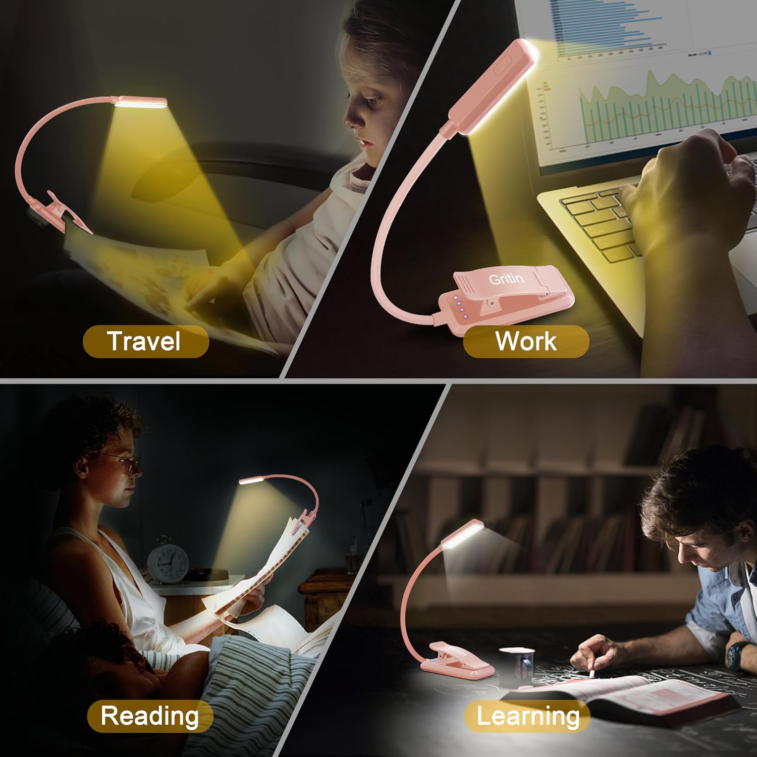 Gritin 9 LED Rechargeable Book Light for Reading in Bed - Eye Caring 3 Color Temperatures, Stepless Dimming Brightness,80 Hrs Runtime…