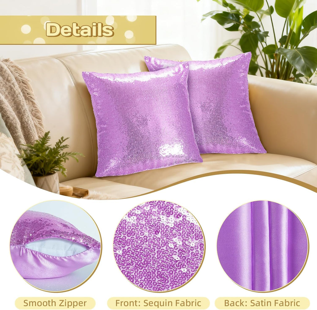 Eternal Beauty Set of 2 Sequin Decorative Pillow Cover Lavender Throw Pillow Covers for Couch Sofa Throw Pillows 18 X 18 Inches
