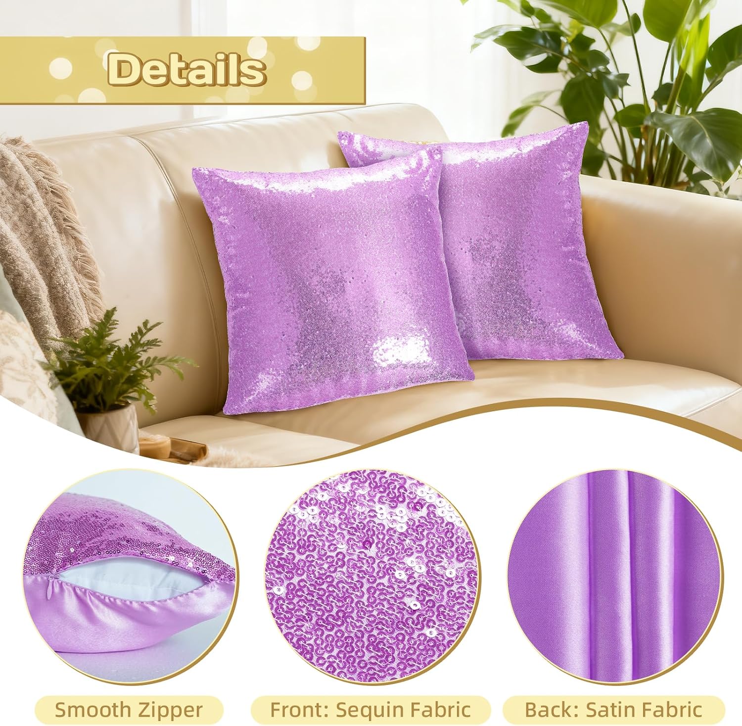 Eternal Beauty Set of 2 Sequin Decorative Pillow Cover Lavender Throw Pillow Covers for Couch Sofa Throw Pillows 18 X 18 Inches
