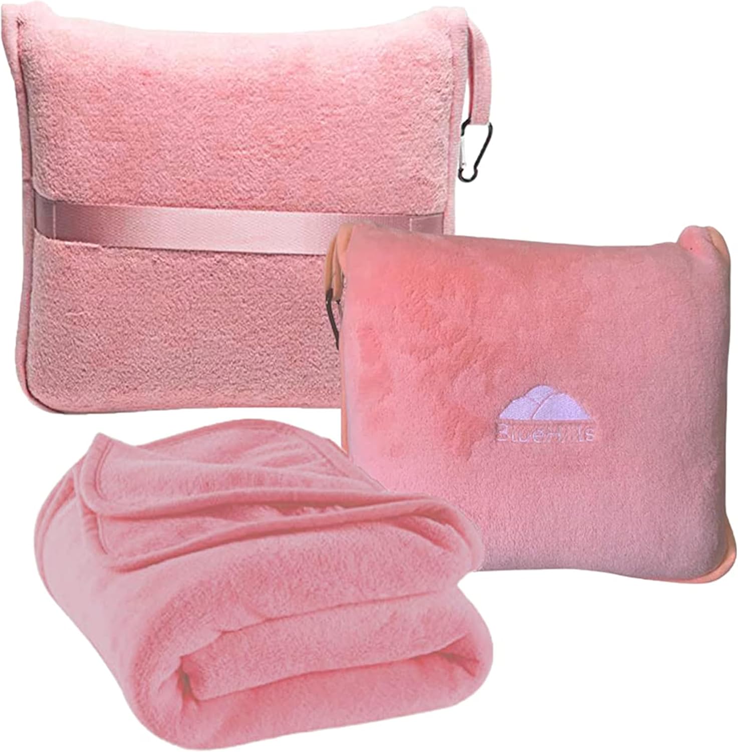 BlueHills Premium Soft Travel Blanket Pillow Airplane Blanket in Soft Bag case with Hand Luggage Belt and Carabiner Compact Pack Large…