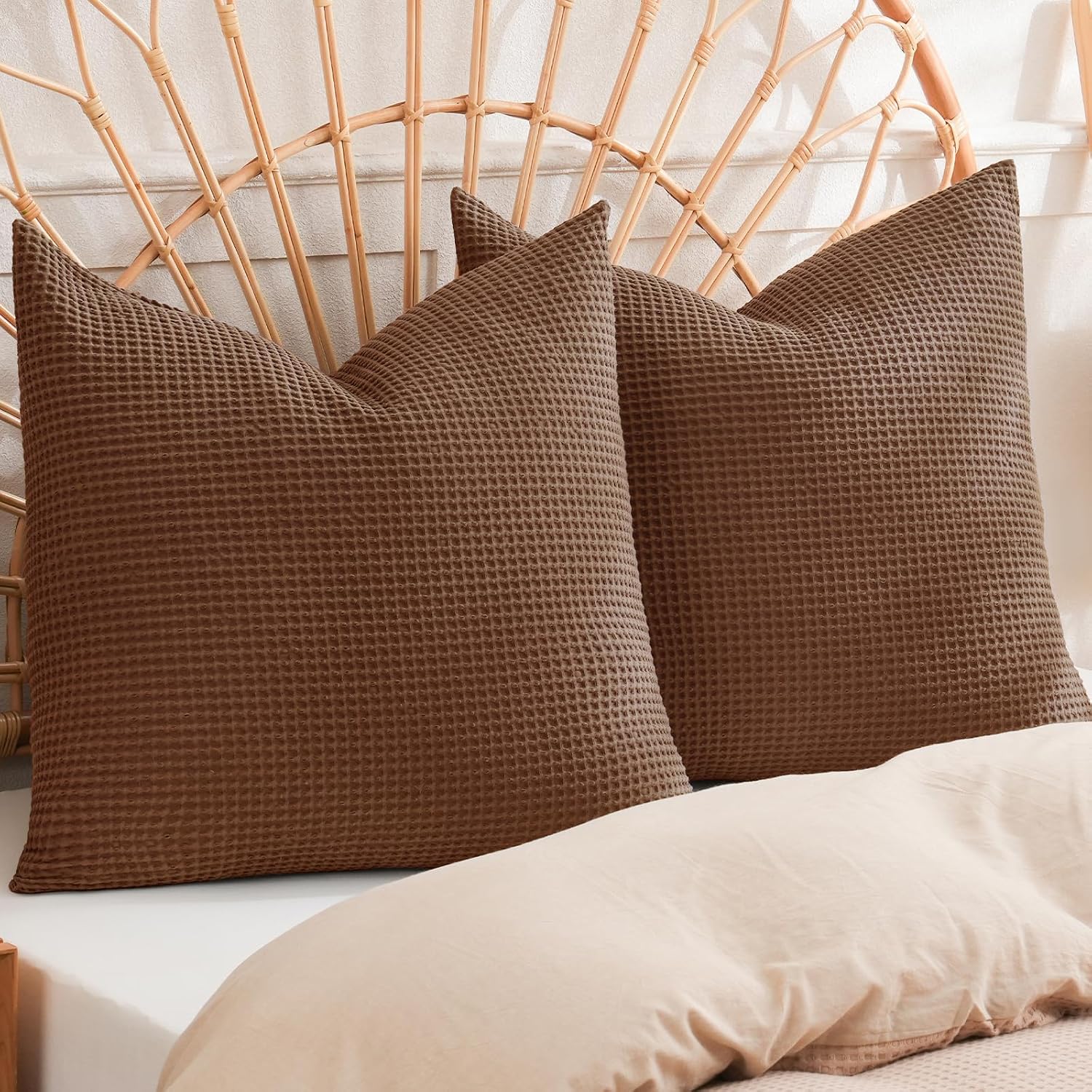 Phf 100% Cotton Waffle Weave Throw Pillow Cover, 24" x 24", No Filling, 2 Pack Elegant Home Decorative Square Throw Pillow Covers for Bed C…