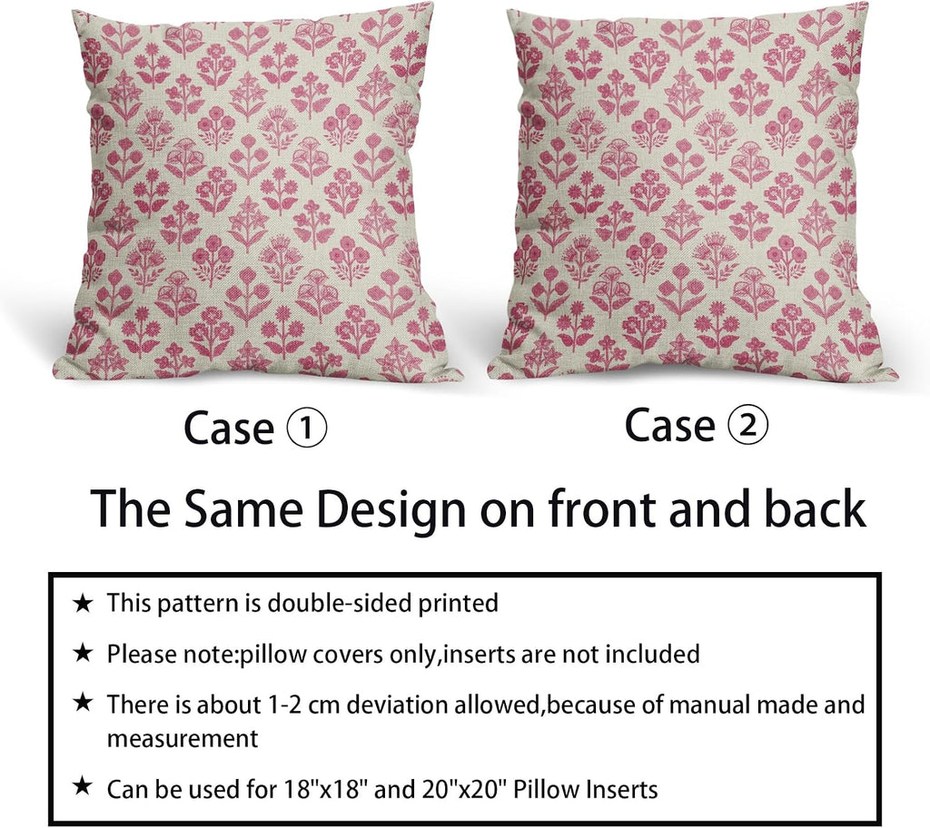 Hot Pink Floral Pillow Covers 18x18 Inch Set of 2, Vintage Flower Block Print Pattern Decorative Throw Pillowcases Outdoor Farmhouse…