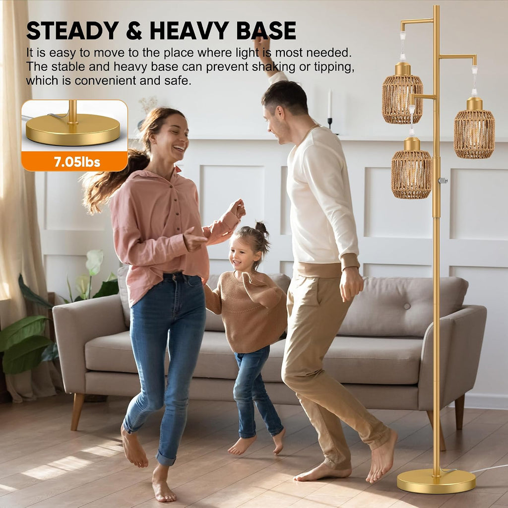 ROTTOGOON Dimmable Boho Floor Lamp - 3 Light Farmhouse Rattan Floor Lamp for Living Room, Industrial Tree Floor Lamps with 3 X 6W LED…