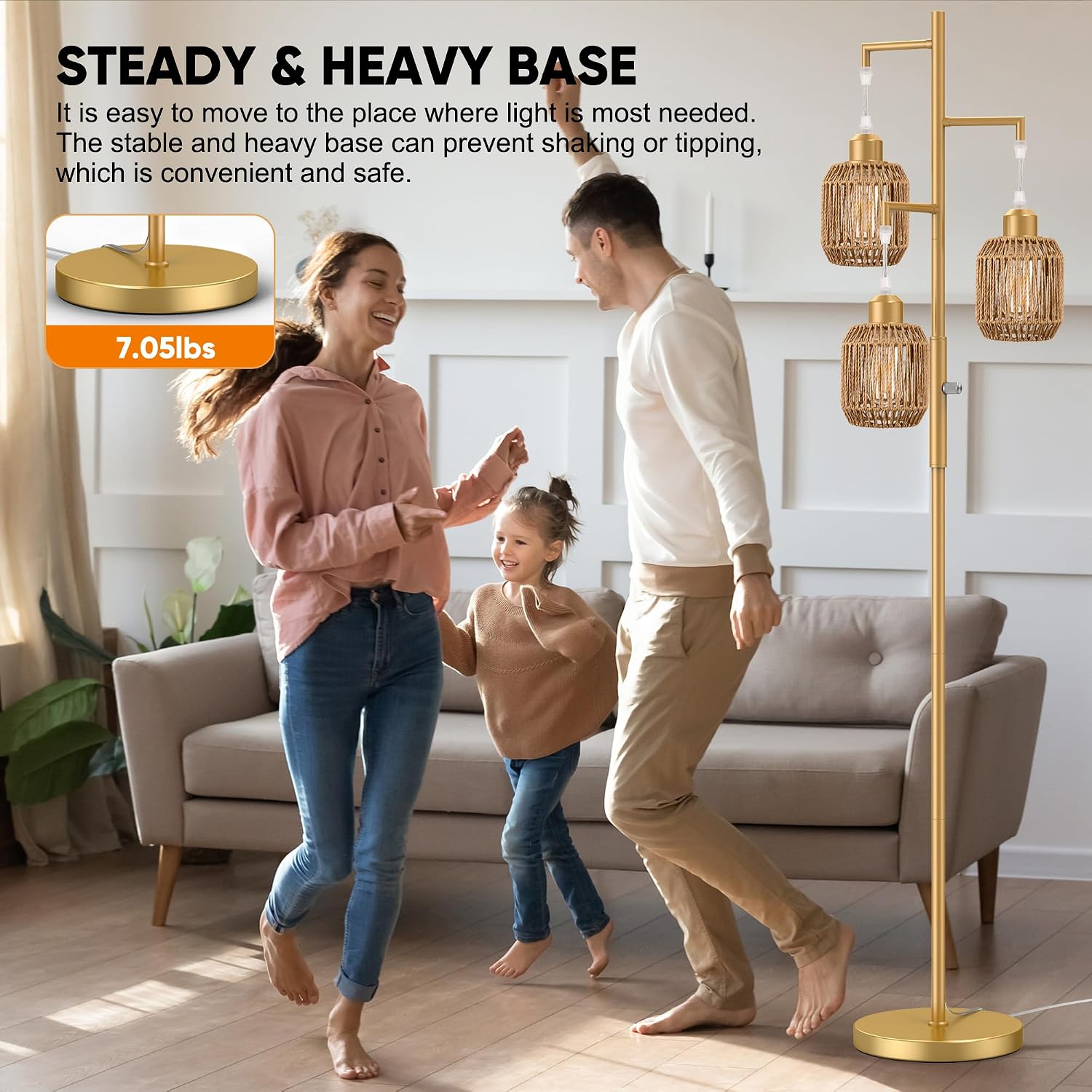 ROTTOGOON Dimmable Boho Floor Lamp - 3 Light Farmhouse Rattan Floor Lamp for Living Room, Industrial Tree Floor Lamps with 3 X 6W LED…