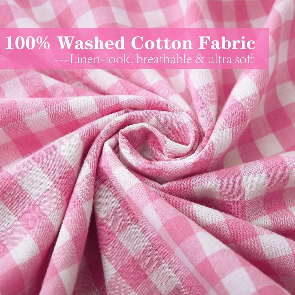 2 Pack Pink White Plaid Ruffle Gingham Standard Pillow Covers, 100% Washed Cotton Checkered Girly Bed Pillow Shams - 20"x26"