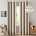 Miulee 100% Blackout Linen Textured Curtains for Bedroom Solid Thermal Insulated Natural Beige Grommet Room Darkening Curtains & Drapes Lux…