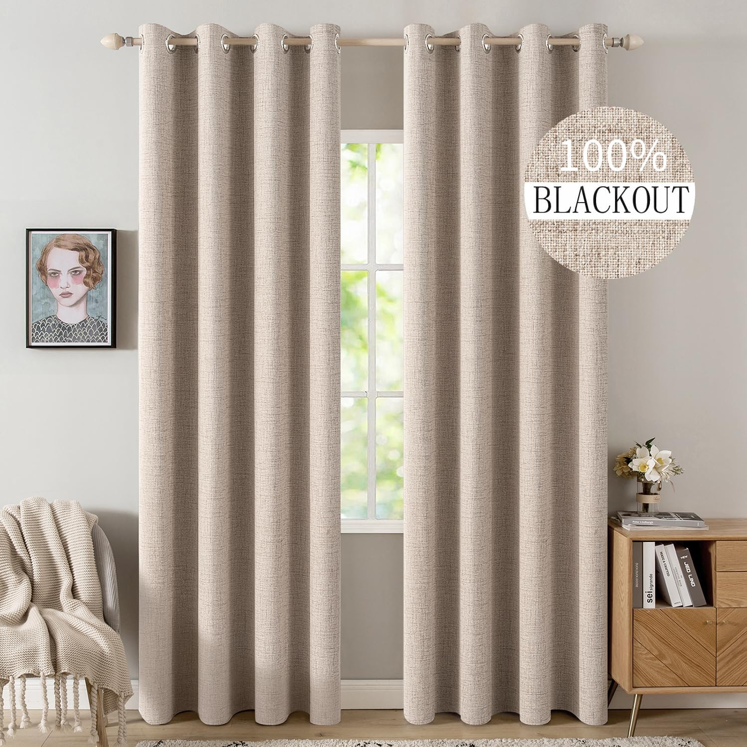 Miulee 100% Blackout Linen Textured Curtains for Bedroom Solid Thermal Insulated Natural Beige Grommet Room Darkening Curtains & Drapes Lux…
