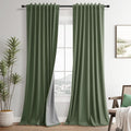 Guken Olive Green 100% Blackout Linen Curtains for Bedroom 105 Inches Long Back Tab Hook Belt Textured Elegant Country Black Out Room Darke…
