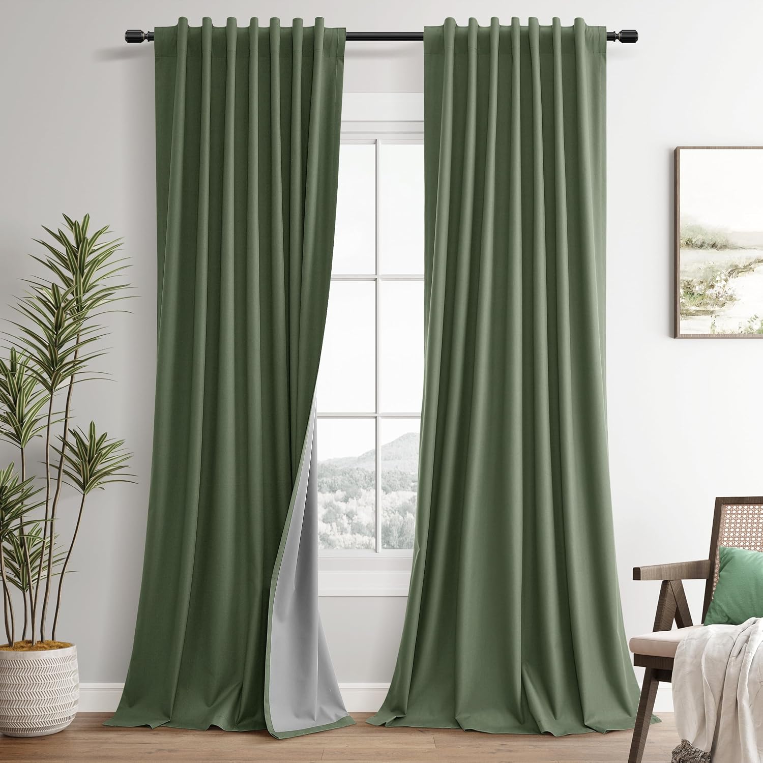 Guken Olive Green 100% Blackout Curtains 126 Inch for Bedroom 2 Panels Set Linen Blend Textured Back Tab Hook Belt Black Out Room Darkening…