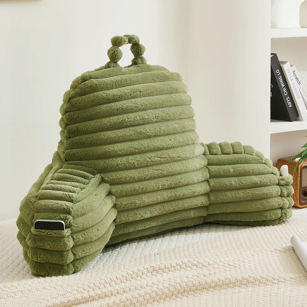 Memfydu Faux Fur Fluffy Sage Reading Pillow with Pockets, Luxury Striped Plush Decorative, Arm Rests and Back Support for Bed Rest, Loungin…