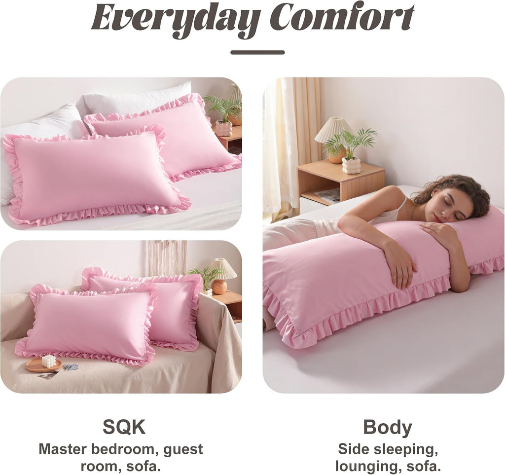 Bedsum Ruffled Pillow Shams King 20x36 Set of 2, Brushed Microfiber Pillowcases with Envelope Closure, Soft Wrinkle-Resistant, Pink Pink