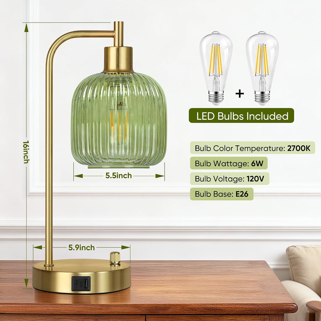 QiMH Industrial Table Lamp for Bedroom Set of 2, Green Glass Beside Lamp with USB A&C Ports, Stepless Dimmable Gold Lamps, Nightstand…