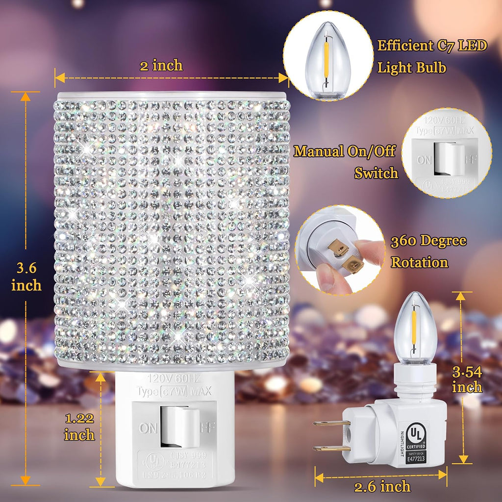 Crystal LED Night Light Plug into Wall, Decorative Plug in Night Light with Manual On/Off Switch and 360° Rotating Plugs, Warm White…