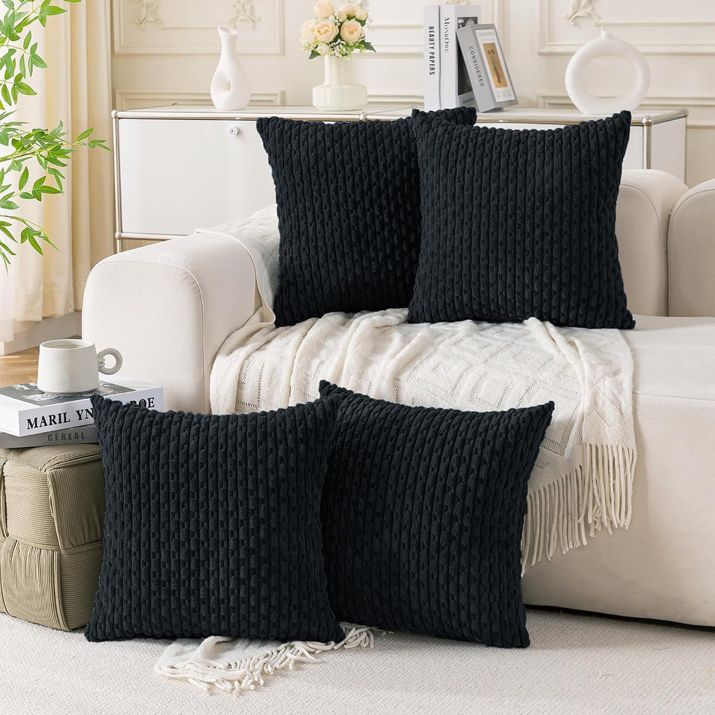 Cozoomy Set of 4 Black Decorative Throw Pillow Covers 24x24 Inch Corduroy Pillow Covers for Bed Couch Sofa Living Room Soft Square Cushion…