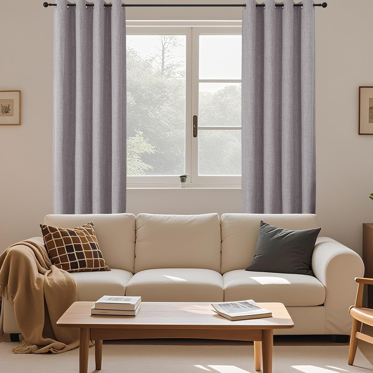 Cucraf 100% Blackout Curtains 96 inches Length 2 Panels Set, Room Darkening Linen Textured Curtain Grommet for Bedroom Living Room, Light B…