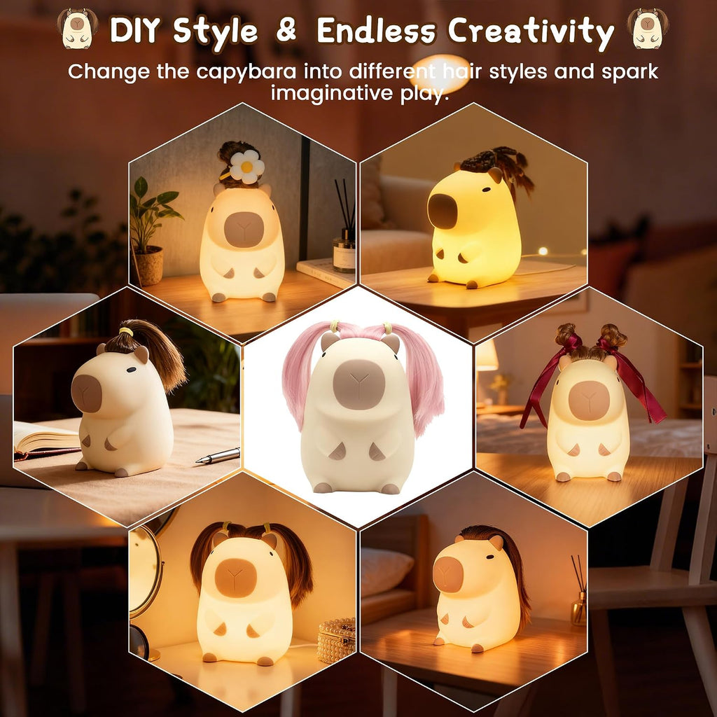FAMIDUO-BrightenYourLife Cute Capybara Night Light with DIY Hairstyle, Squishy Silicone Lamp, Nursery Nightlight for Kids, Rechargeable Tou…