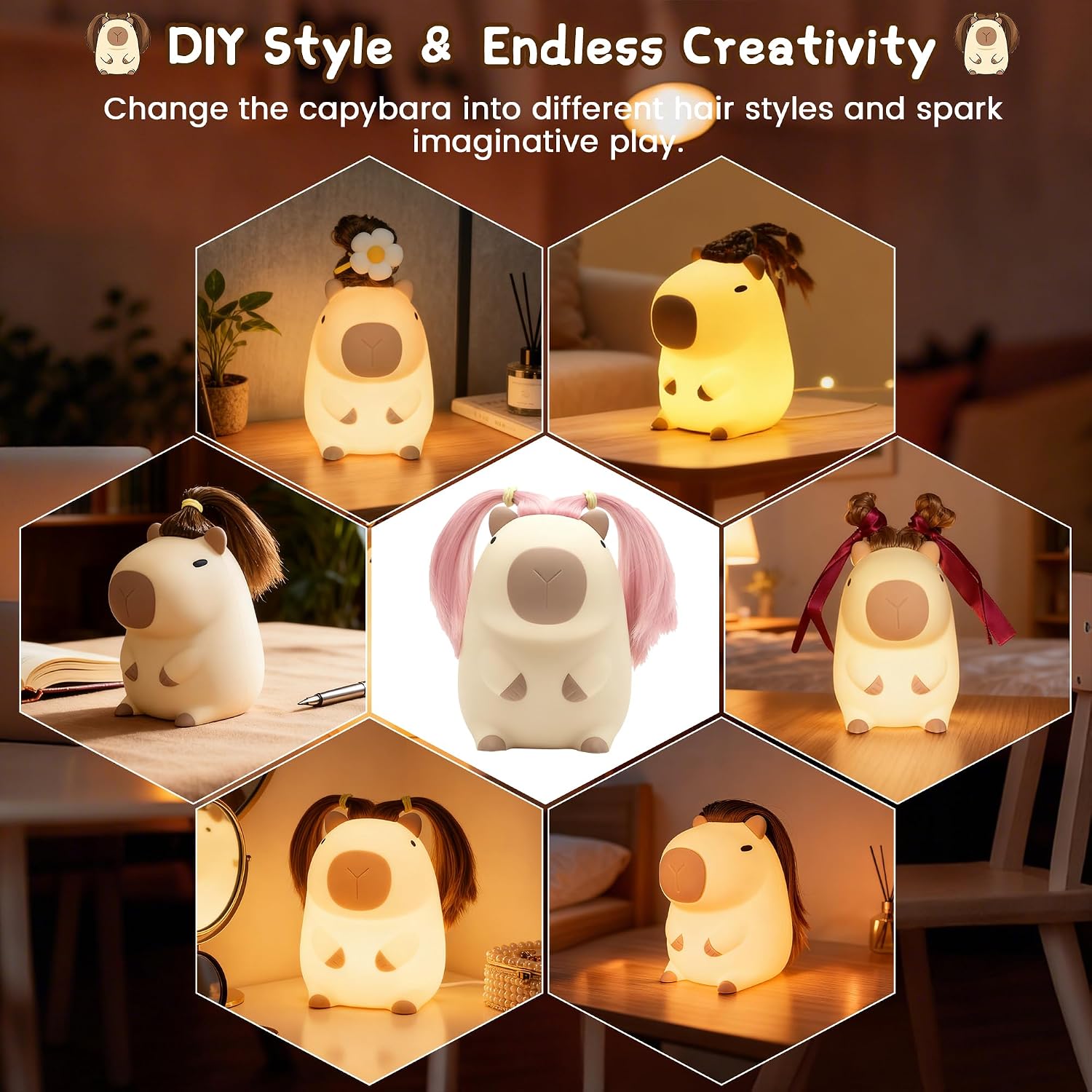 FAMIDUO-BrightenYourLife Cute Capybara Night Light with DIY Hairstyle, Squishy Silicone Lamp, Nursery Nightlight for Kids, Rechargeable Tou…