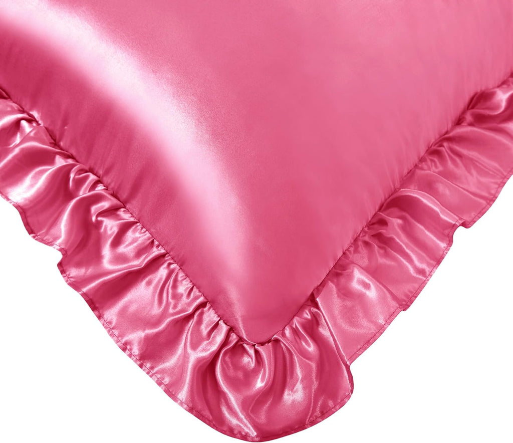 HommxJF Silky Satin Ruffled Pillow Cases for Hair and Skin, Peach Red Silk Pillowcases Queen Set of 2 with Envelope Closure Princess Room De…