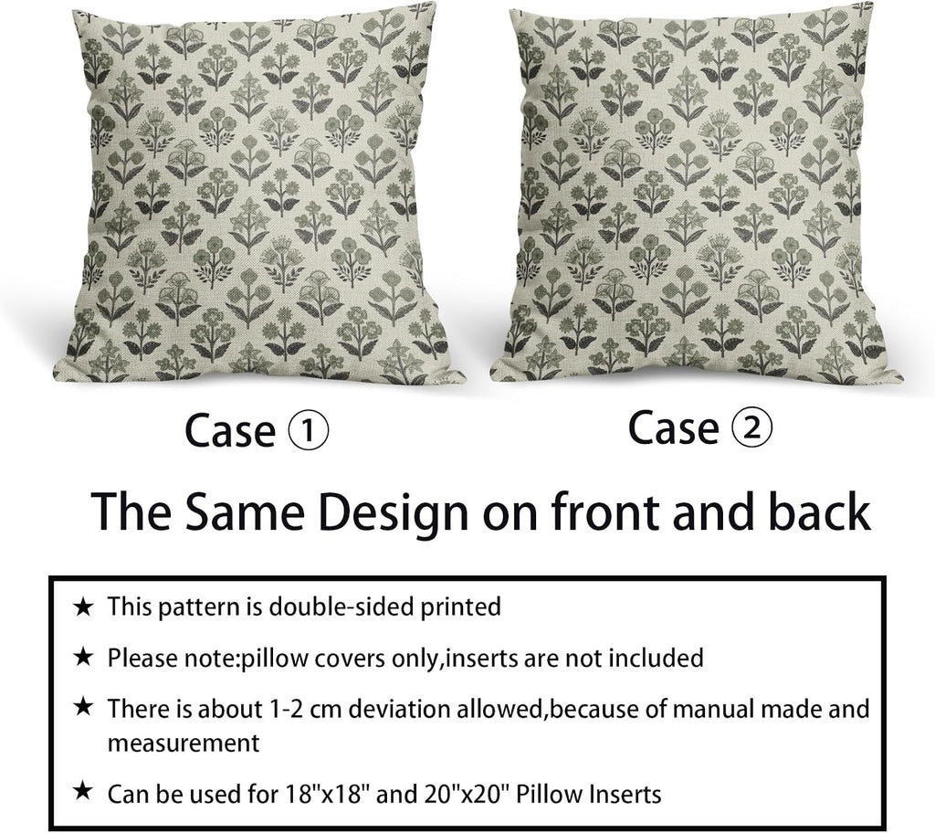 Black Sage Green Floral Block Print Pillow Covers 24x24 Inch Set of 2, Vintage Flower Pattern Spring Summer Decorative Throw Pillowcases…