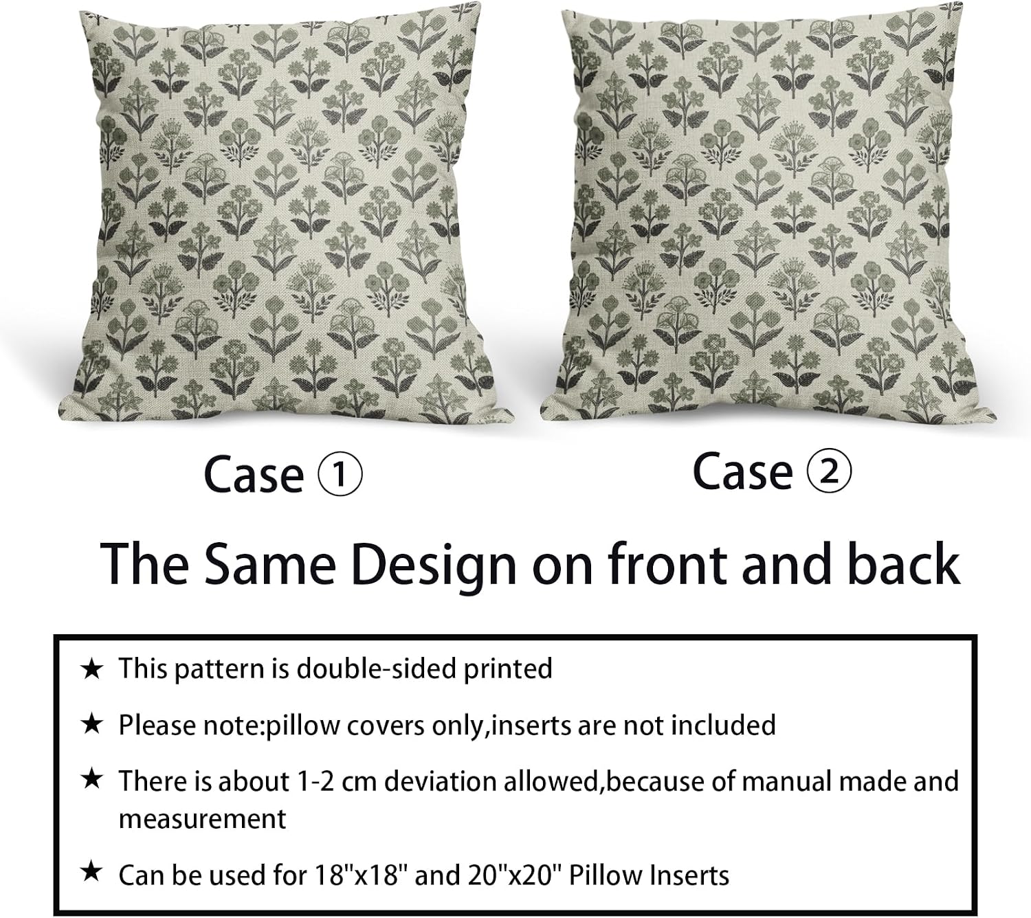 Black Sage Green Floral Block Print Pillow Covers 24x24 Inch Set of 2, Vintage Flower Pattern Spring Summer Decorative Throw Pillowcases…