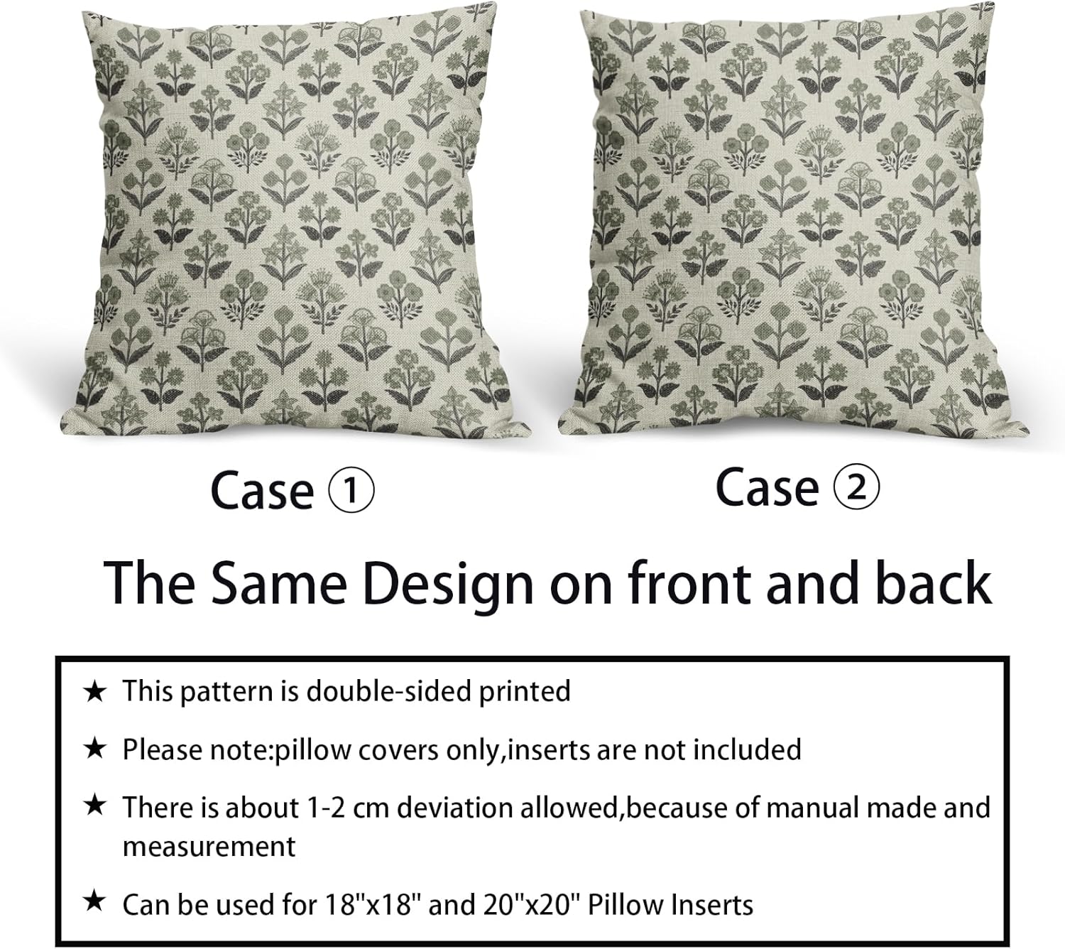 Black Sage Green Floral Block Print Pillow Covers 16x16 Inch Set of 2, Vintage Flower Pattern Spring Summer Decorative Throw Pillowcases…