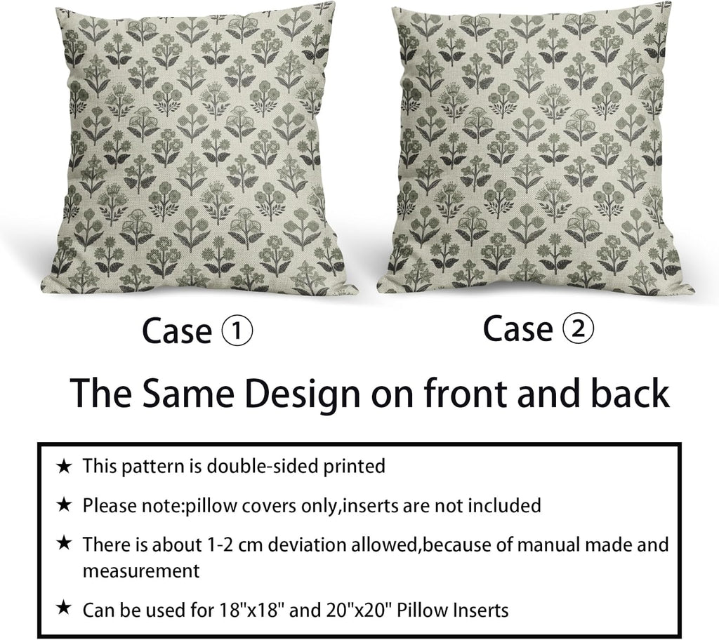 Black Sage Green Floral Block Print Pillow Covers 18x18 Inch Set of 2, Vintage Flower Pattern Spring Summer Decorative Throw Pillowcases…