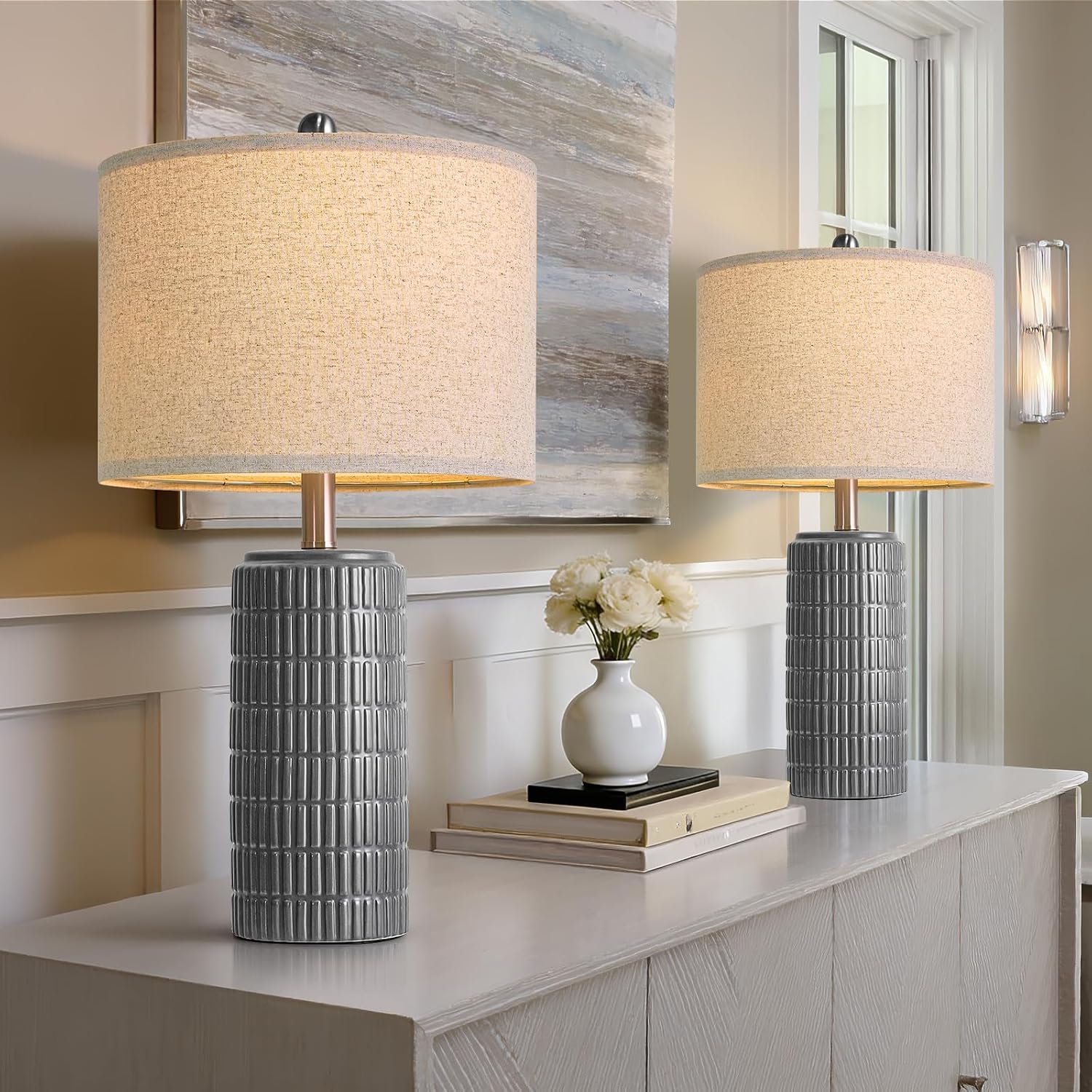 PoKat 23" Ceramic Dark Gray Table Lamps Set of 2 for Living Room, Modern Bedside Lamps for Bedroom, Farmhouse Nightstand Lamp for Home…