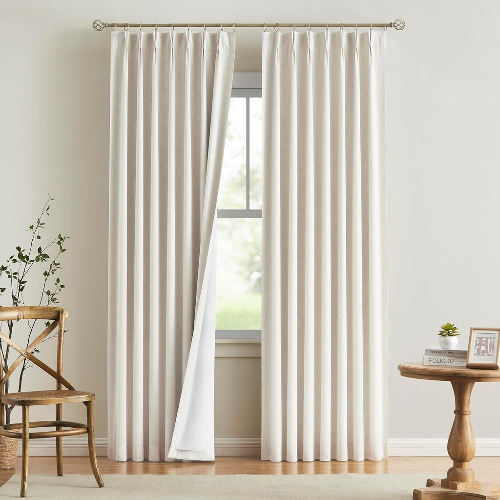 VisionHome Vision Home Natural Pinch Pleated Full Blackout Curtains Linen Blended Room Darkening Window Curtains 63 inch for Living Room Be…