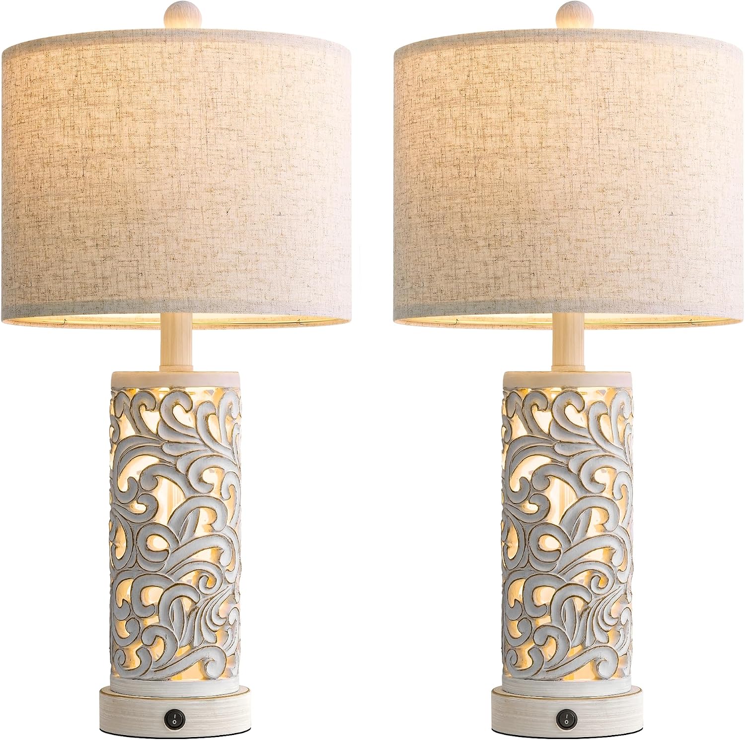 Oyears 22'' Table Lamp Set of 2 for Living Room, Farmhouse Lamp for for Bedroom, Vintage Retro Bedside Lamps with USB Ports Linen Shade for H…