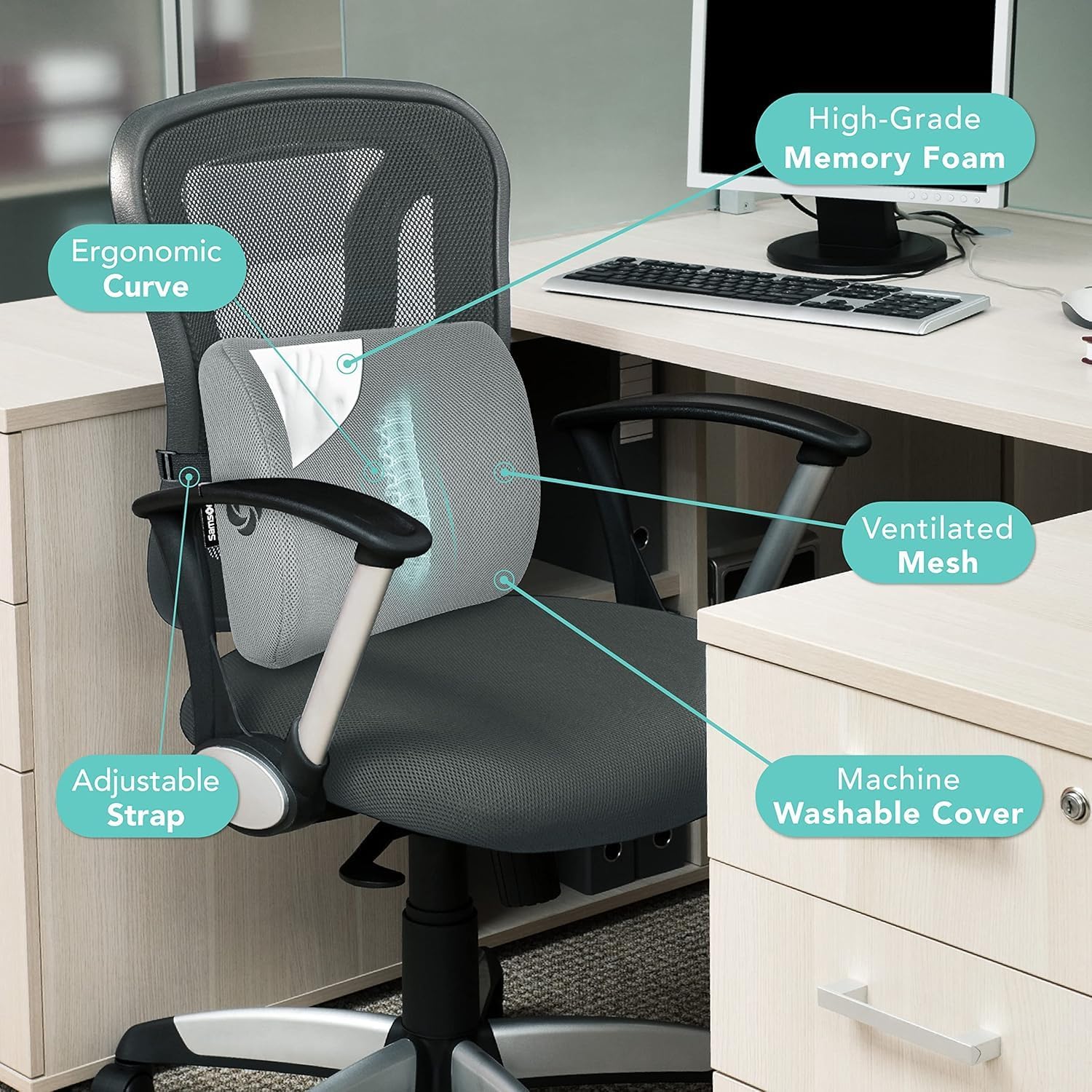 Samsonite Memory Foam Lumbar Support Pillow for Office Chair, Gaming Chair & Car Seat Automotive Use, Ergonomic Back Cushion, Work from…