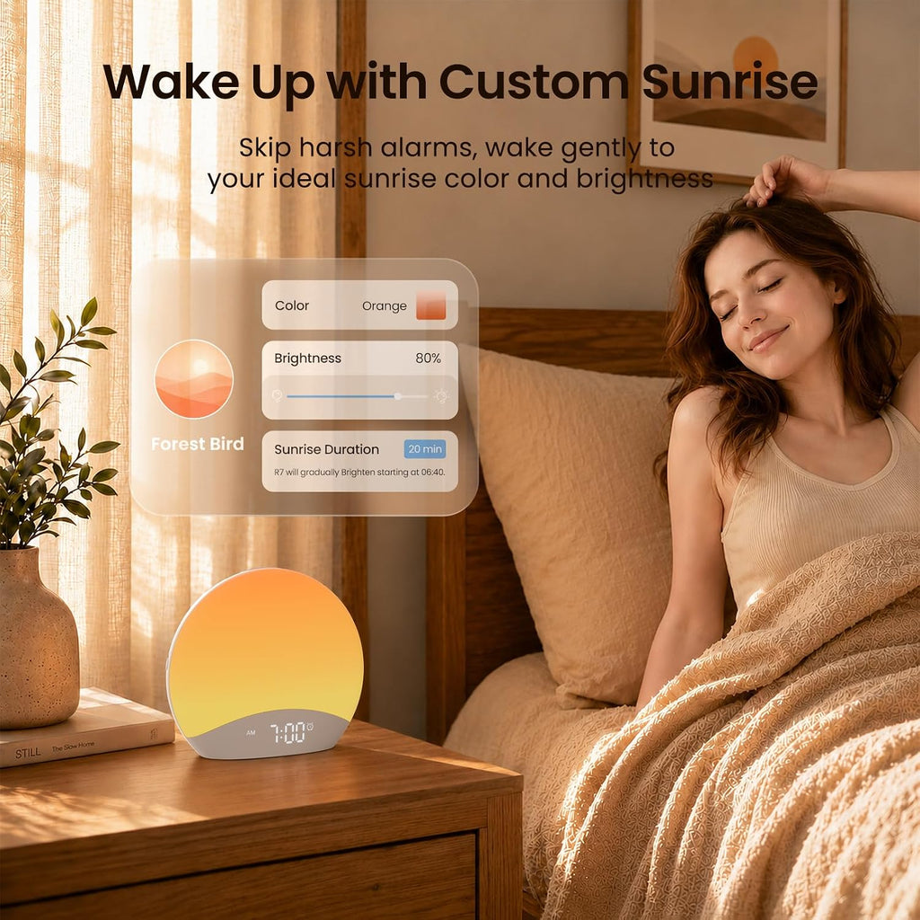 REACHER R7APP Smart Sunrise Alarm Clock with App Control, Custom Wake & Sleep Routines - Multi Sunrise Color, White Noise Sound Machine…