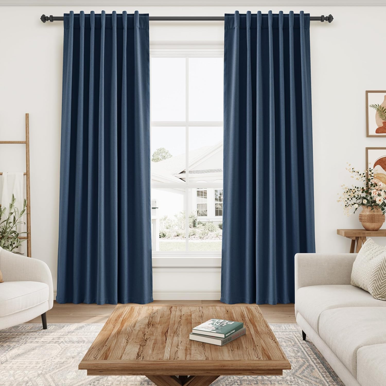 Nanspring Denim Blue 100% Blackout Linen Curtains 84 Inch Length 2 Panels Set for Bedroom Back Tab Modern Farmhouse Decor Black Out Curtain…