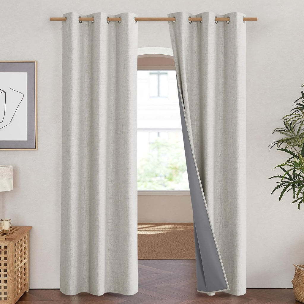 NICETOWN Snowbound Vintage Linen 100% Blackout Curtains for Living Room, Thermal Insulated Curtains 90" Long, Noise Reducing Window…