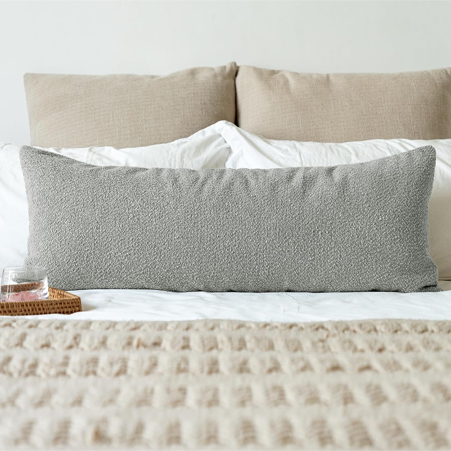 JoraLion 14x36 inch Boucle Lumbar Pillow Cover, Light Gray Woven Texture Neutral Long Pillow Cover Breathable Cushion Case for Couch Sofa…