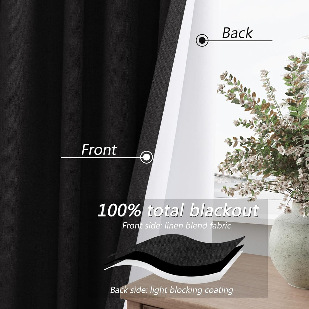 Guken Black 100% Blackout Linen Curtains 102 Inch Length 2 Panels Set for Living Room Bedroom Back Tab Thermal Insulated Black Out Drapes R…