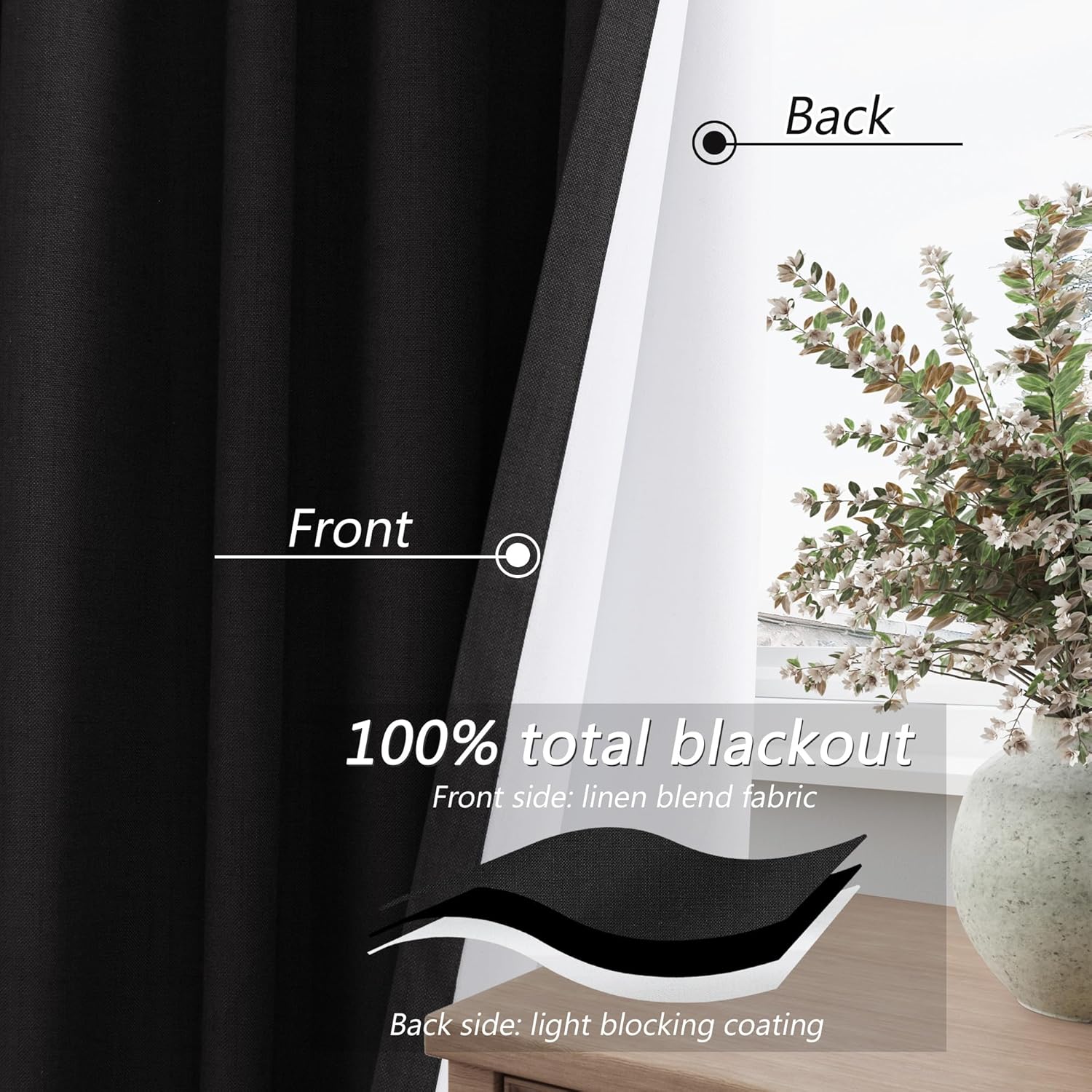 Guken Black 100% Blackout Linen Curtains 102 Inch Length 2 Panels Set for Living Room Bedroom Back Tab Thermal Insulated Black Out Drapes R…