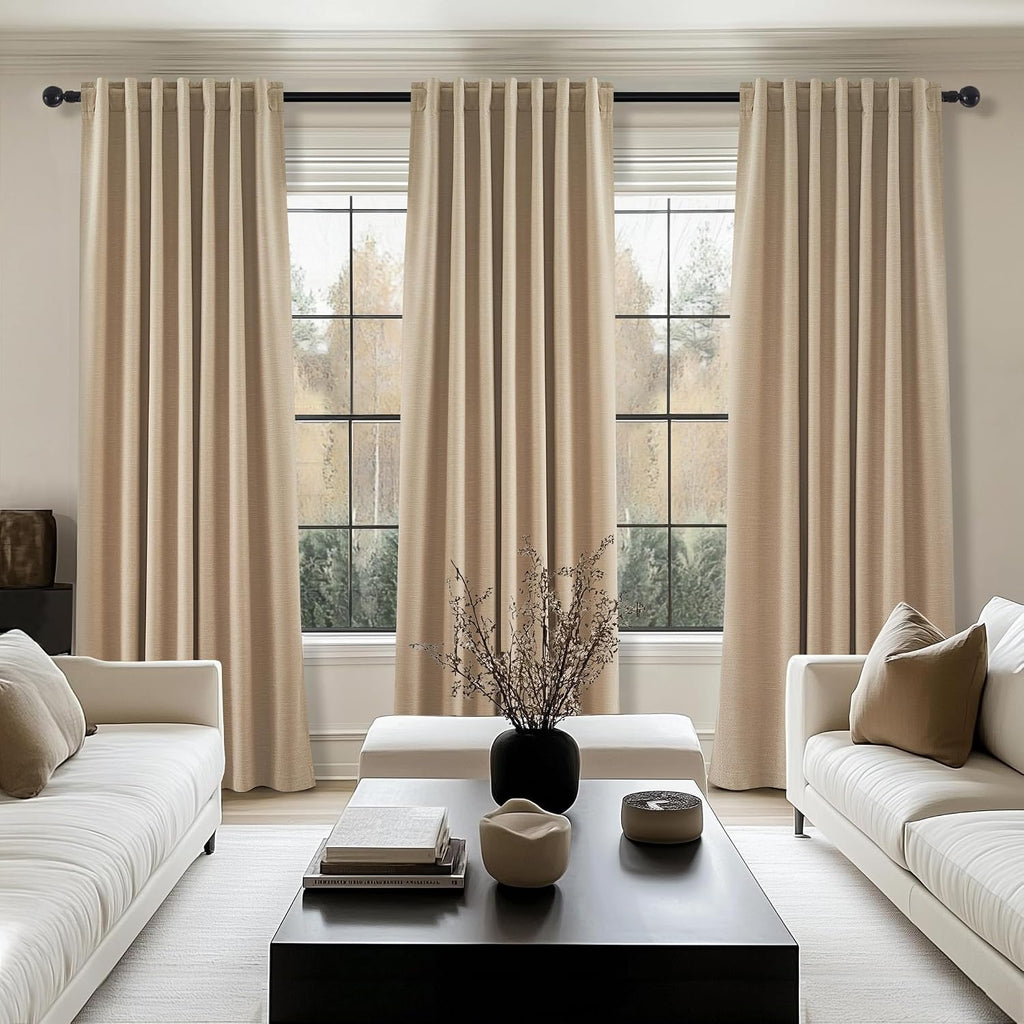 Topfinel Light Taupe Blackout Textured 90 Inch Long Linen Blend Curtain Draperies Pinch Pleat Back Tab with Hooks Energy Saving Thermal Ins…