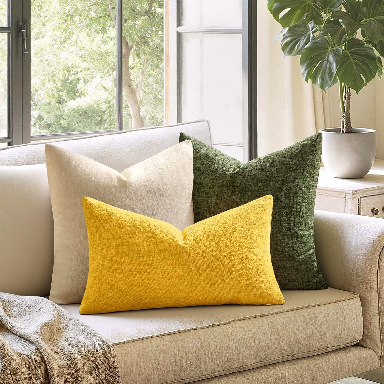 Miulee Yellow Couch Pillow Covers 12x20 Inch, Set of 2 Soft Chenille Summer Decorative Lumbar Throw Pillow Covers Farmhouse for Sofa Living…