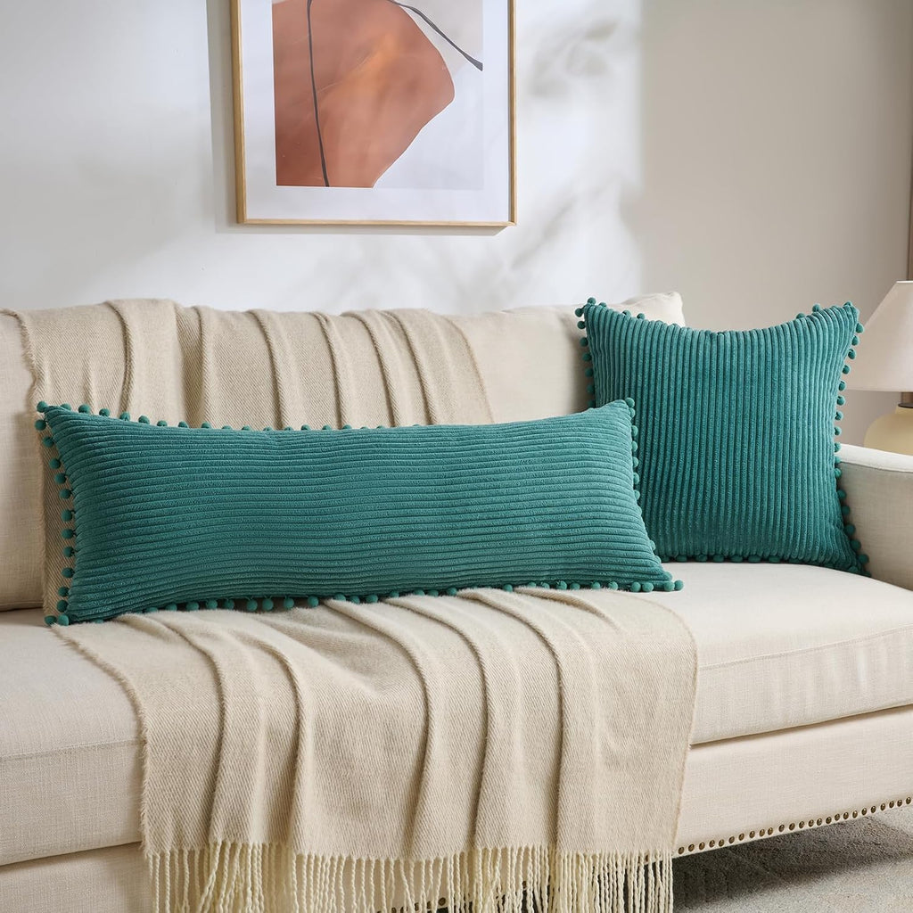 Fancy Homi 1 Pack Teal Long Lumbar Body Decorative Throw Pillow Covers 14x36 Inch with Pom-poms for Couch Sofa Bed, Farmhouse Boho Rustic…