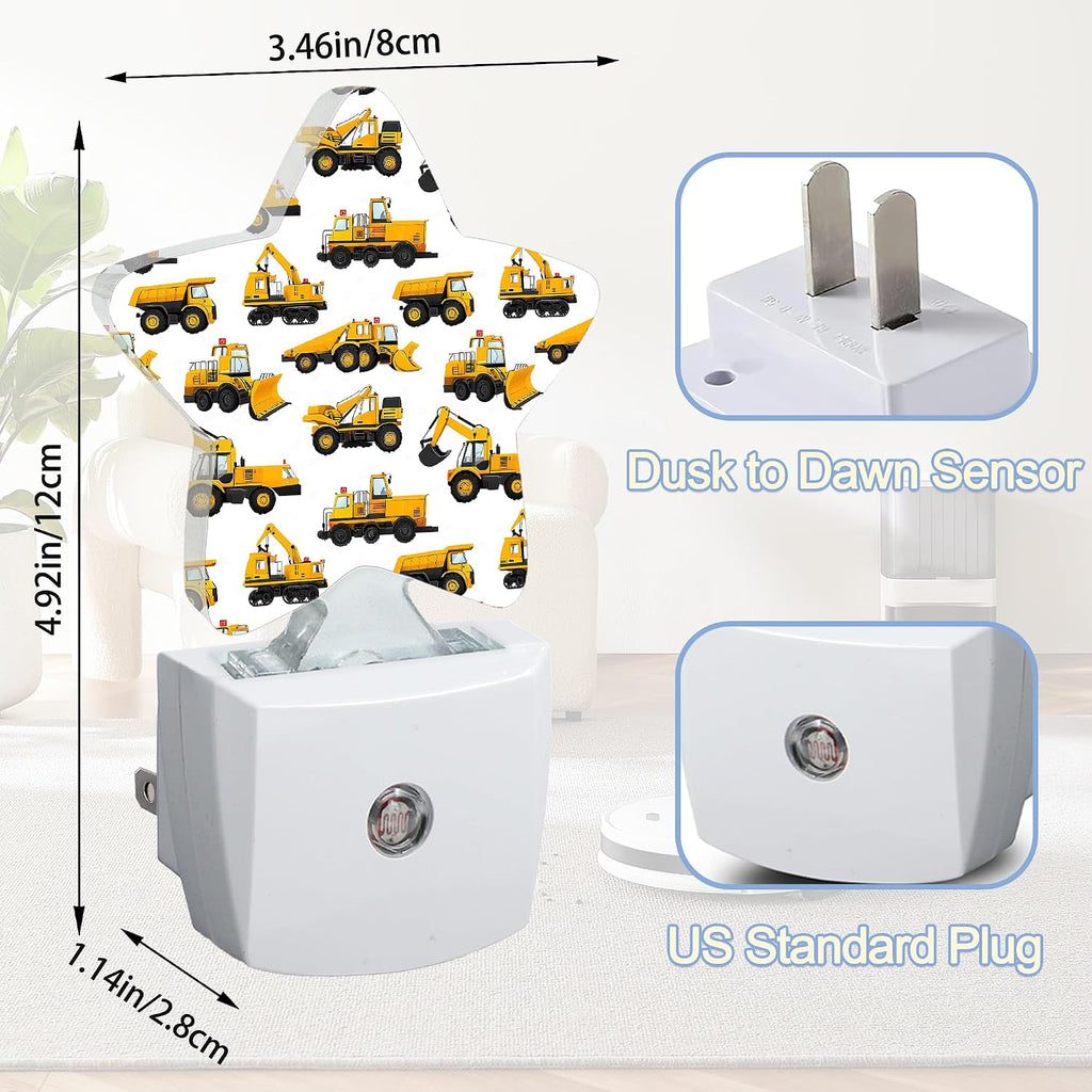 Snowmolle Yellow Cartoon Truck Dusk to Dawn Star Night Light, Construction Smart Sensor Nightlight for Bedroom Kitchen Hallway Stairs, Plug-i…