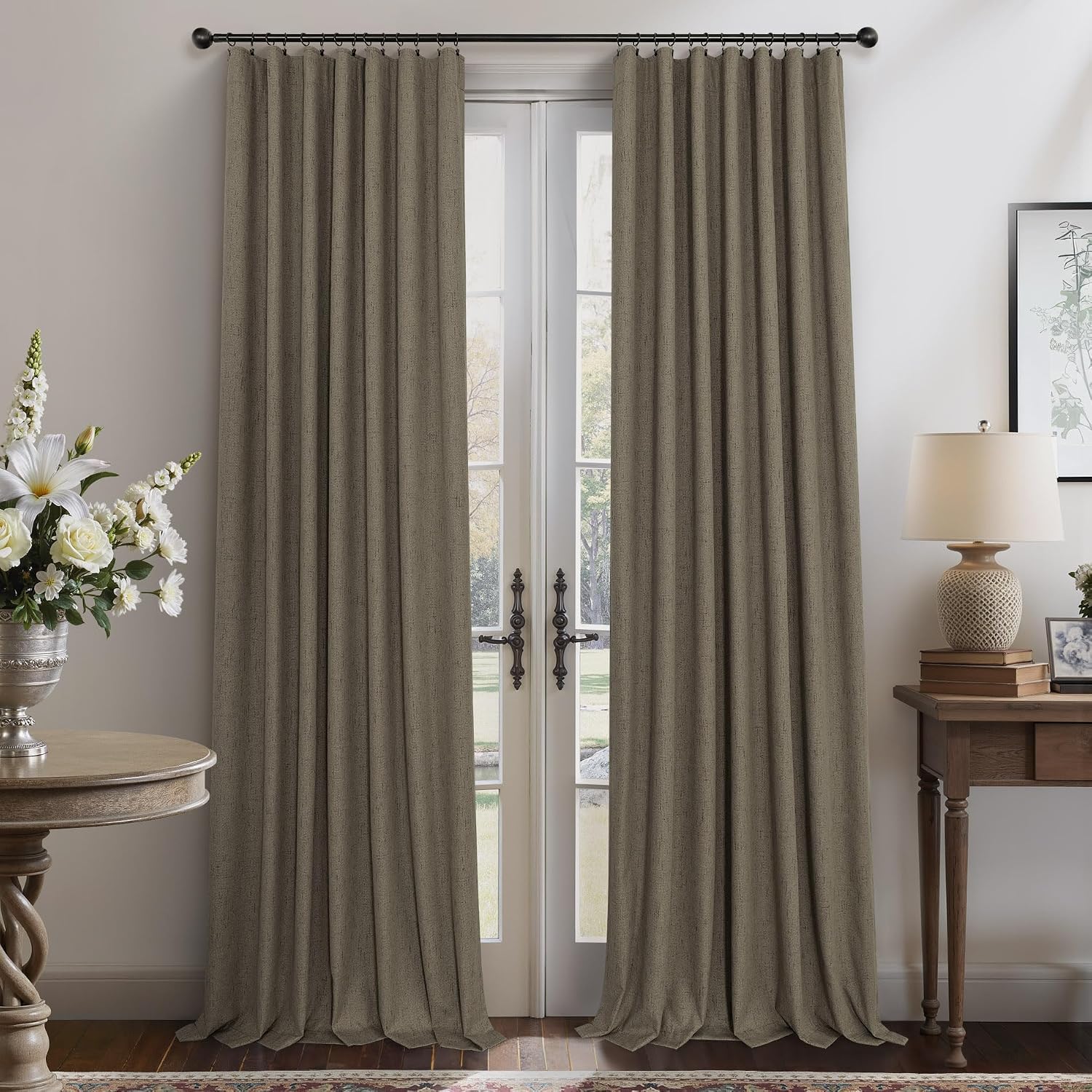 Pitalk Brown Extra Long Blackout Curtains 108 Inch Long 9ft Back Tab Pocket Light Brown Linen Textured Curtain Drape for Living Room Bedroo…