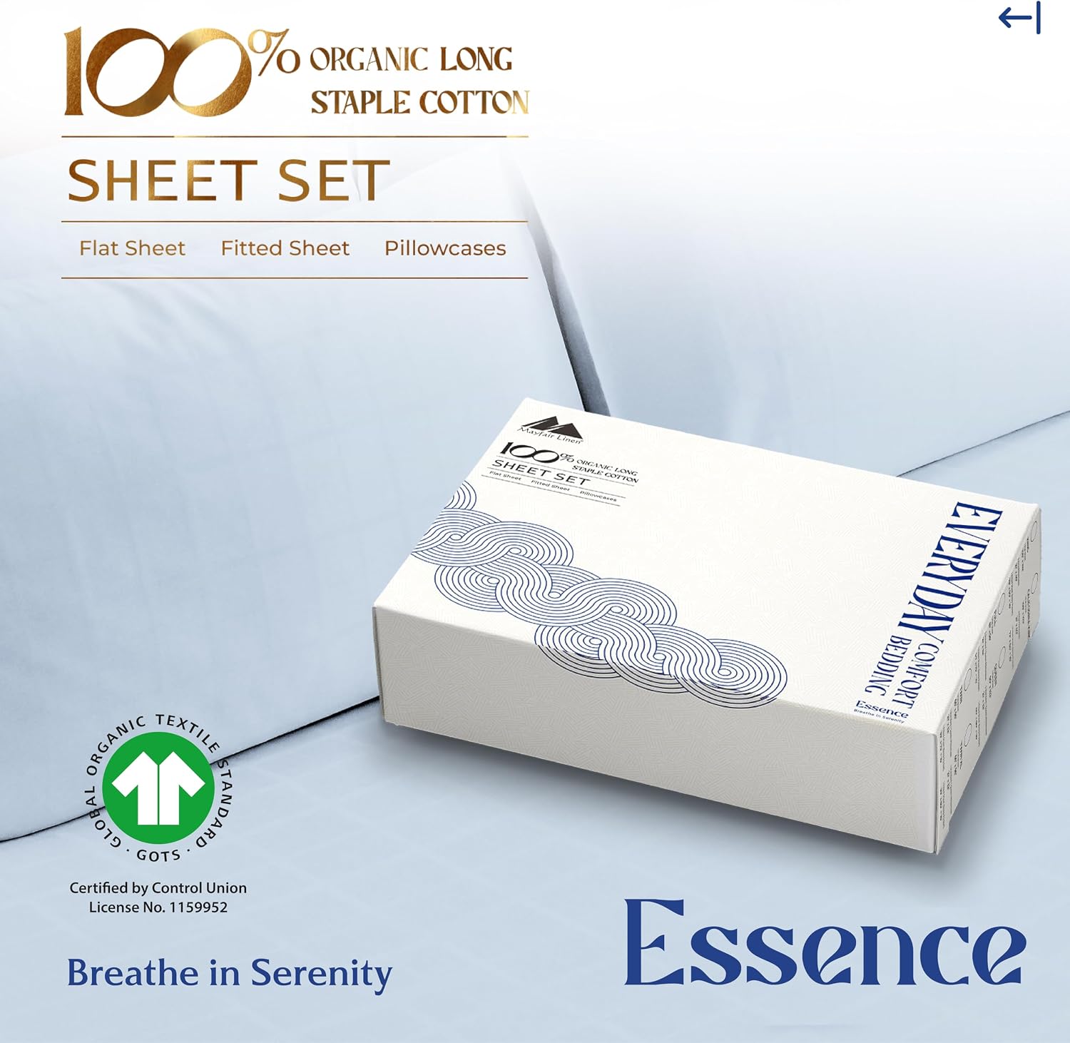 Mayfair Linen 100% Organic Cotton Sheets Twin XL Size - 3 PC Organic Cotton Percale Sheets Twin XL Set (Light Blue), Soft, Crisp, Cooling…