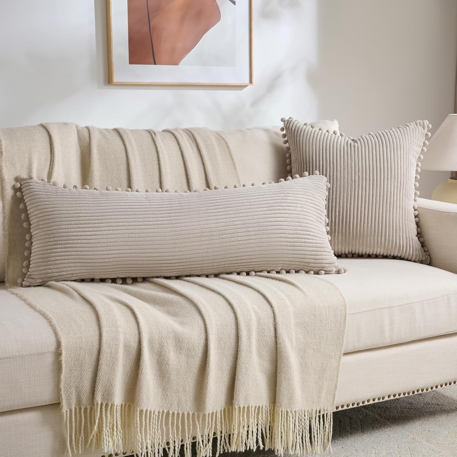 Fancy Homi 1 Pack Neutral Taupe Lumbar Body Decorative Throw Pillow Covers 20x54 Inch with Pom-poms for Couch Sofa Bed, Farmhouse Boho…