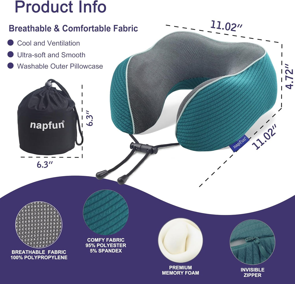napfun Neck Pillow for Traveling, Upgraded Travel Neck Pillow for Airplane 100% Pure Memory Foam Travel Pillow for Flight Headrest Sleep…